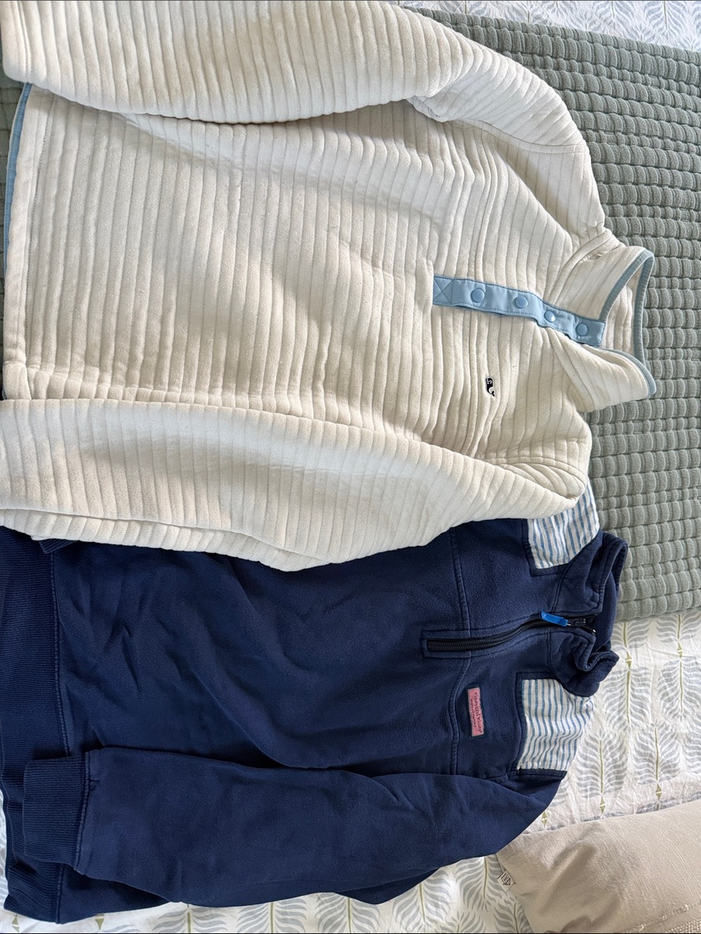 Vineyard Vines Cream Pullover with Light Blue Trim & Navy Quarter-Zip Top